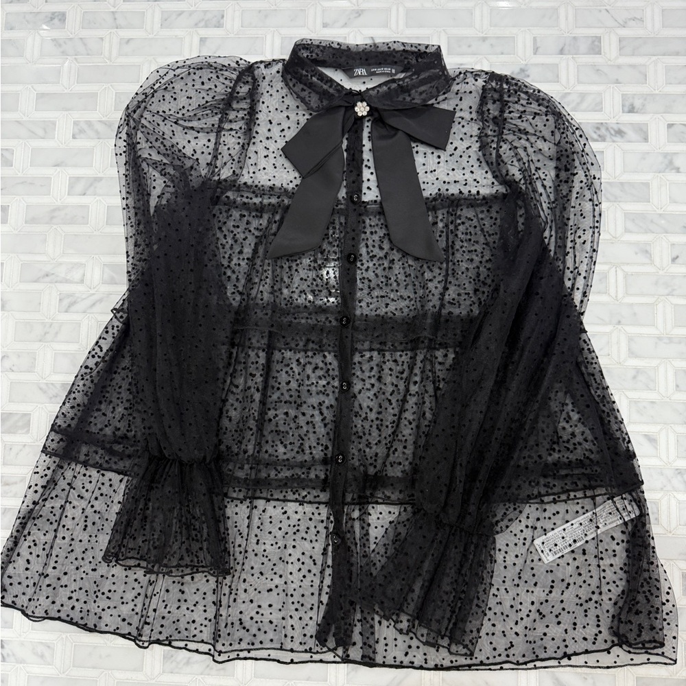 Zara Black Sheer Tie Front Blouse with Peter Pan Collar